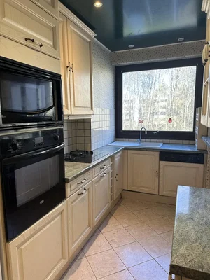 Mutfak; mutfak aletleri, fayans zemin, manzara, doğal ışık