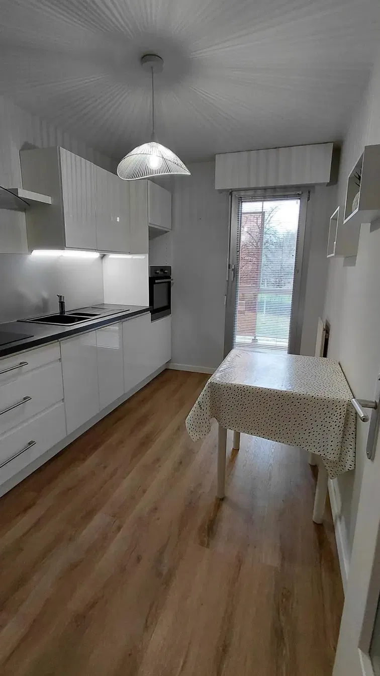 Kuchyně; kuchyňské spotřebiče, přirozené světlo, moderní styl, dřevěná podlaha