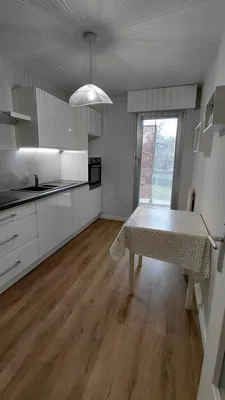 Kuchyně; kuchyňské spotřebiče, přirozené světlo, moderní styl, dřevěná podlaha