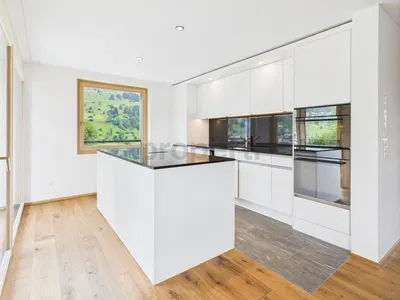 Küche; blick, küchengeräte, holzboden, tageslicht, moderner stil, renoviert