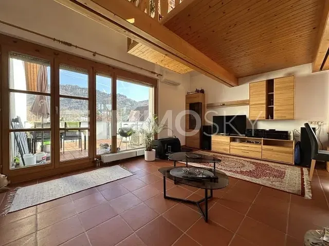 Salon; vue, poutres en bois, parquet, lumière naturelle, style moderne