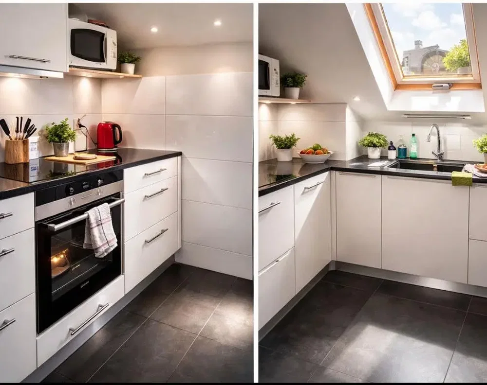 Cucina; elettrodomestici, pavimento in piastrelle, luce naturale, stile moderno