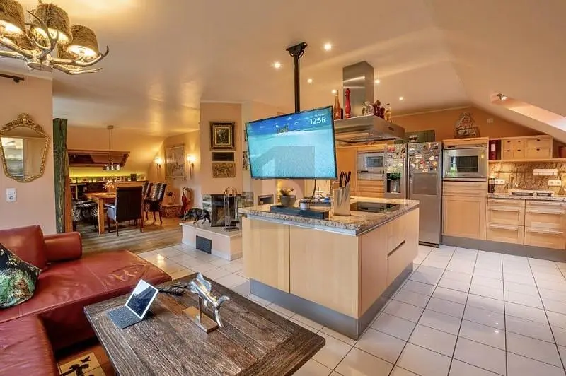 Obývací pokoj; kuchyňské spotřebiče, přirozené světlo, moderní styl