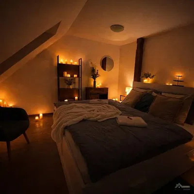 Yatak odası; karanlık iç mekan, ahşap zemin