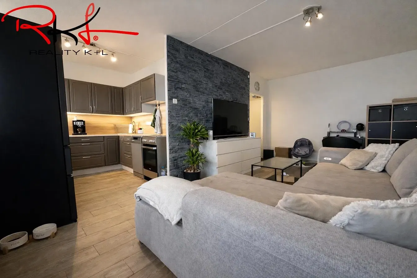 Living room; kitchen appliances, natural light, modern style