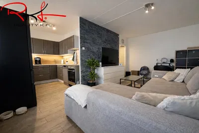 Living room; kitchen appliances, natural light, modern style