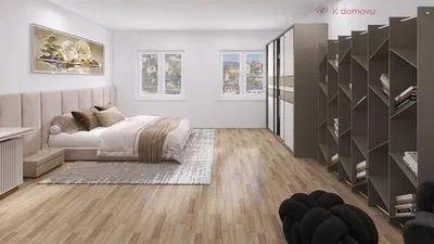 Ložnice; přirozené světlo, moderní styl, dřevěná podlaha