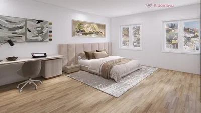 Ložnice; přirozené světlo, moderní styl, dřevěná podlaha