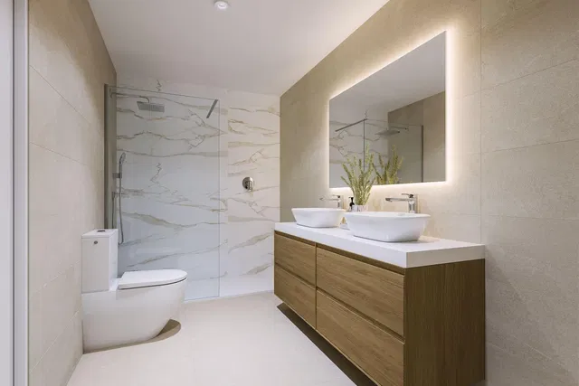 Bathroom; tile floor, renovated, natural light, modern style