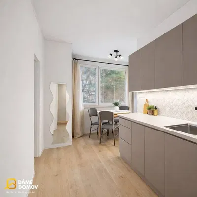 Kuchyně; kuchyňské spotřebiče, přirozené světlo, moderní styl, dřevěná podlaha