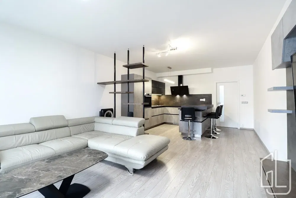 Wohnzimmer; moderner stil, holzboden, tageslicht, küchengeräte