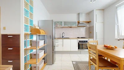 Kuchyně; kuchyňské spotřebiče, dlažba, přirozené světlo