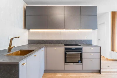 Kuhinja; kuhinjski aparati, renoviran, prirodno svjetlo, moderni stil, drveni pod