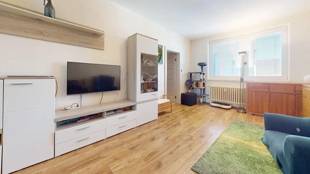 Obývací pokoj; dřevěná podlaha, přirozené světlo, moderní styl