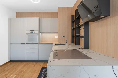 Cuisine; électroménager, parquet, rénové, lumière naturelle, style moderne