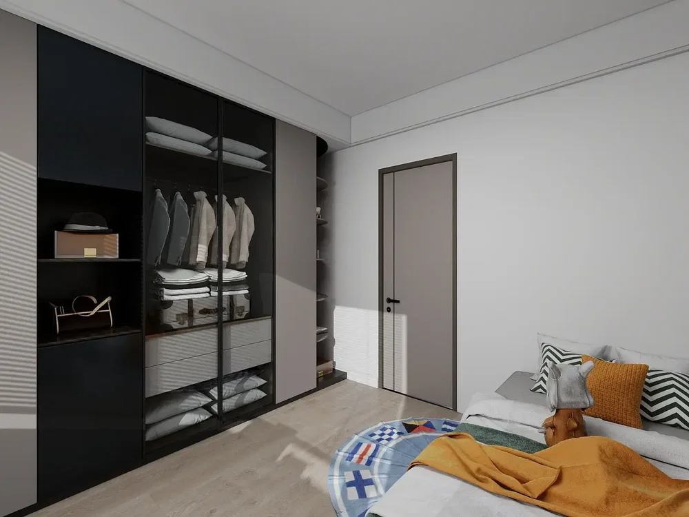 Schlafzimmer; holzboden, tageslicht, moderner stil