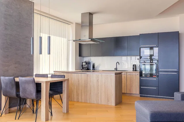 Κουζίνα; συσκευές κουζίνας, φυσικό φως, μοντέρνο στυλ, ξύλινο πάτωμα