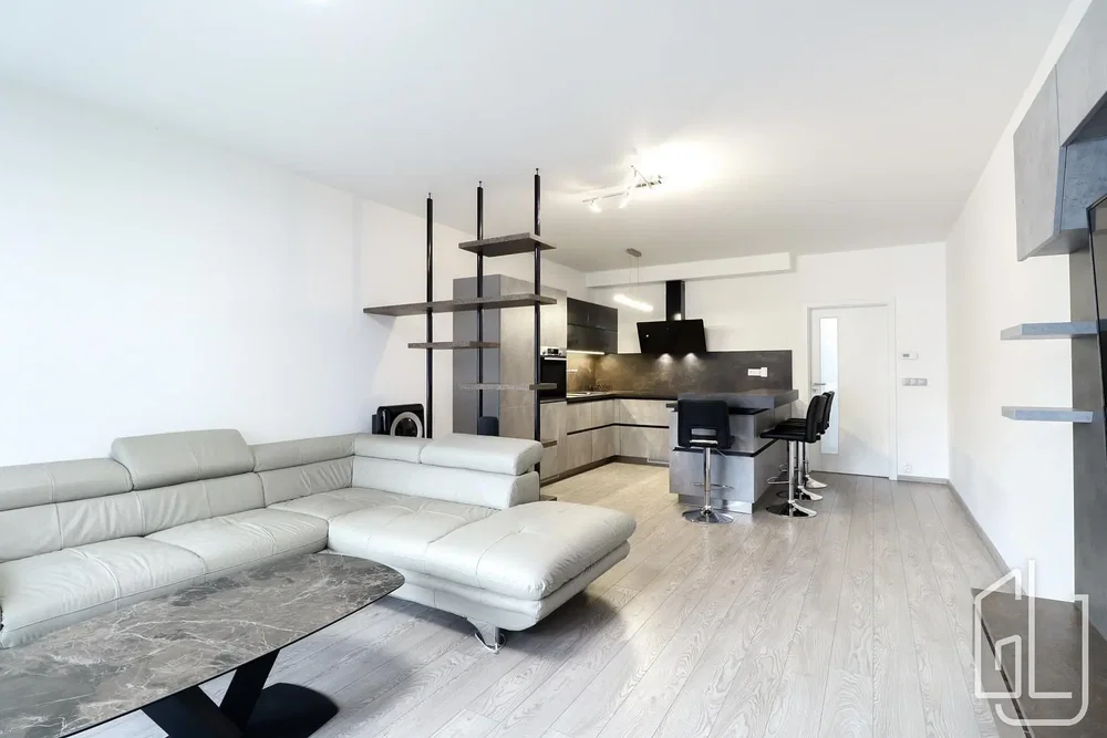 Woonkamer; moderne stijl, houten vloer, natuurlijk licht, keukenapparatuur