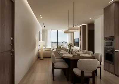 Oturma odası; manzara, mutfak aletleri, doğal ışık, modern stil