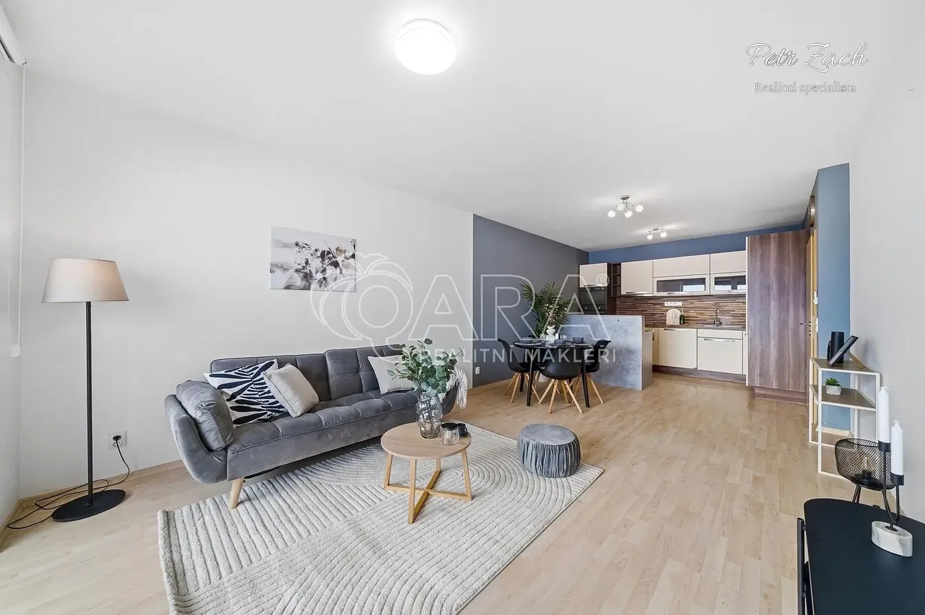 Obývací pokoj; výhled, kuchyňské spotřebiče, přirozené světlo, moderní styl, dřevěná podlaha