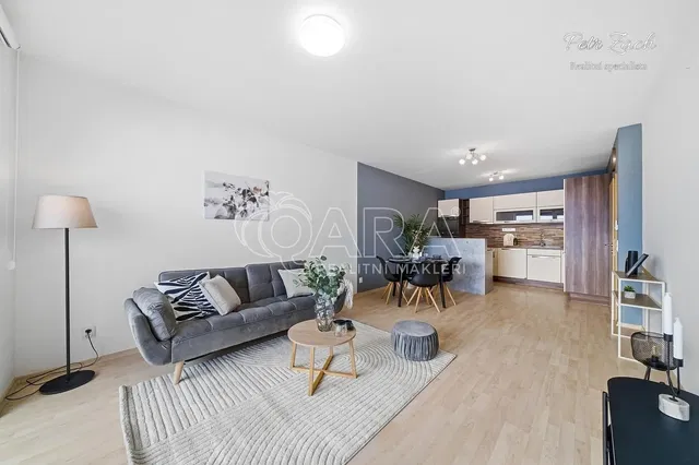Obývací pokoj; výhled, kuchyňské spotřebiče, přirozené světlo, moderní styl, dřevěná podlaha