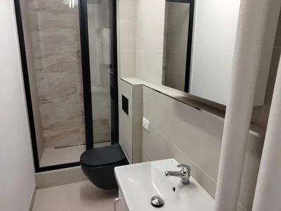 Toilette; fliesenboden, renoviert, tageslicht, moderner stil