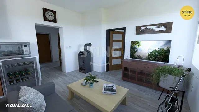 Obývací pokoj; výhled, dřevěná podlaha, přirozené světlo, moderní styl