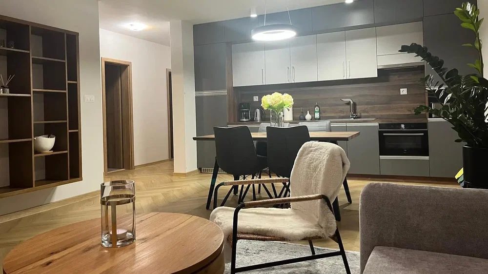 Obývací pokoj; kuchyňské spotřebiče, přirozené světlo, moderní styl, dřevěná podlaha