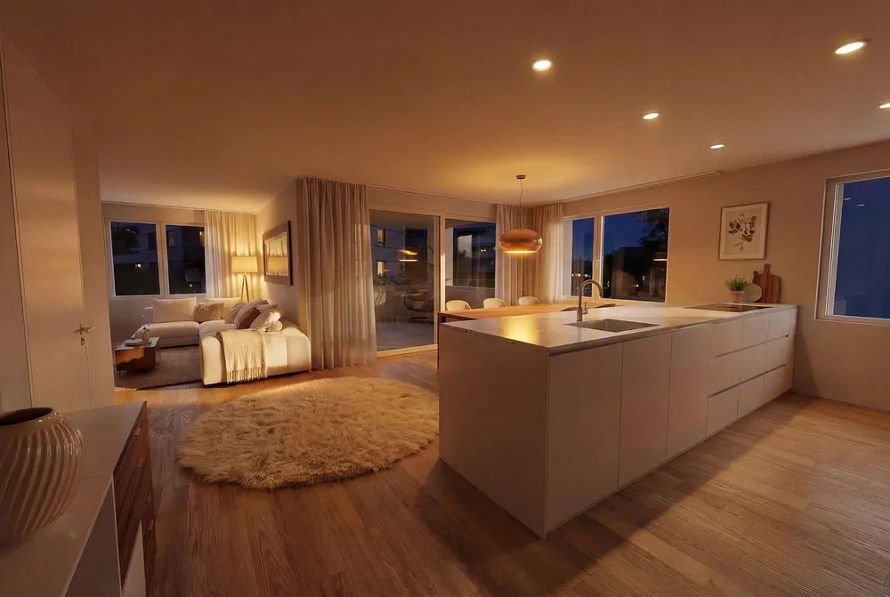 Cocina; vista, suelo de madera, luz natural