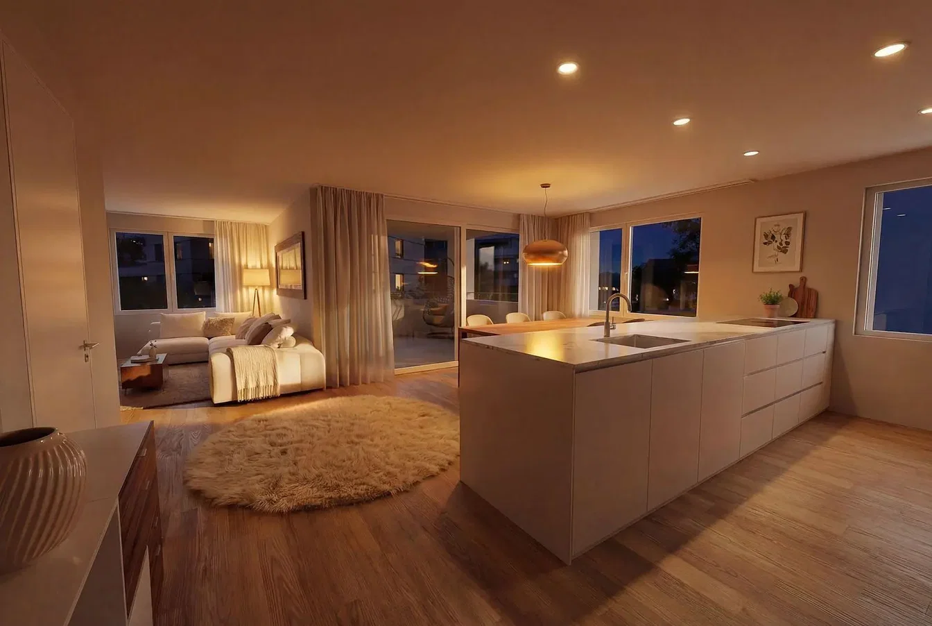 Cocina; vista, suelo de madera, luz natural