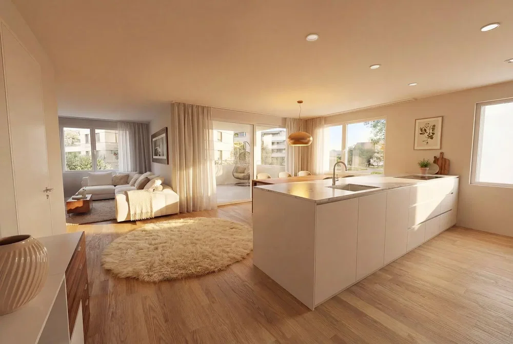 Cocina; vista, luz natural, estilo moderno, suelo de madera