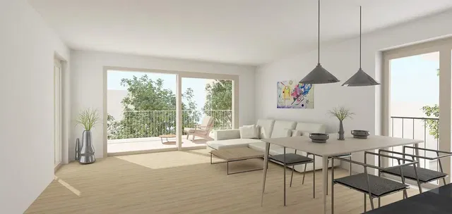 Wohnzimmer; blick, tageslicht, moderner stil, holzboden