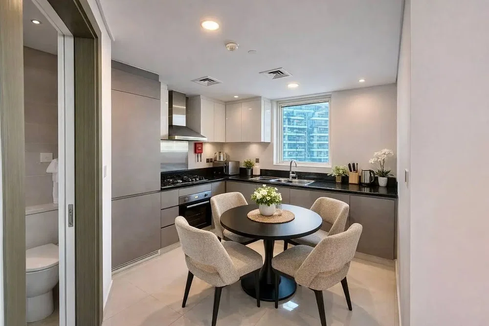 Mutfak; mutfak aletleri, fayans zemin, doğal ışık