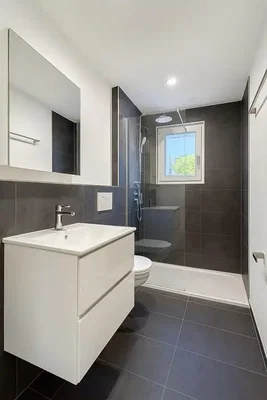 Badezimmer; fliesenboden, tageslicht