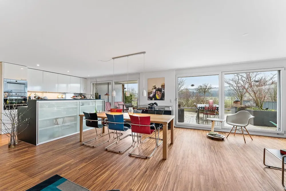 Wohnzimmer; blick, küchengeräte, tageslicht, moderner stil, holzboden