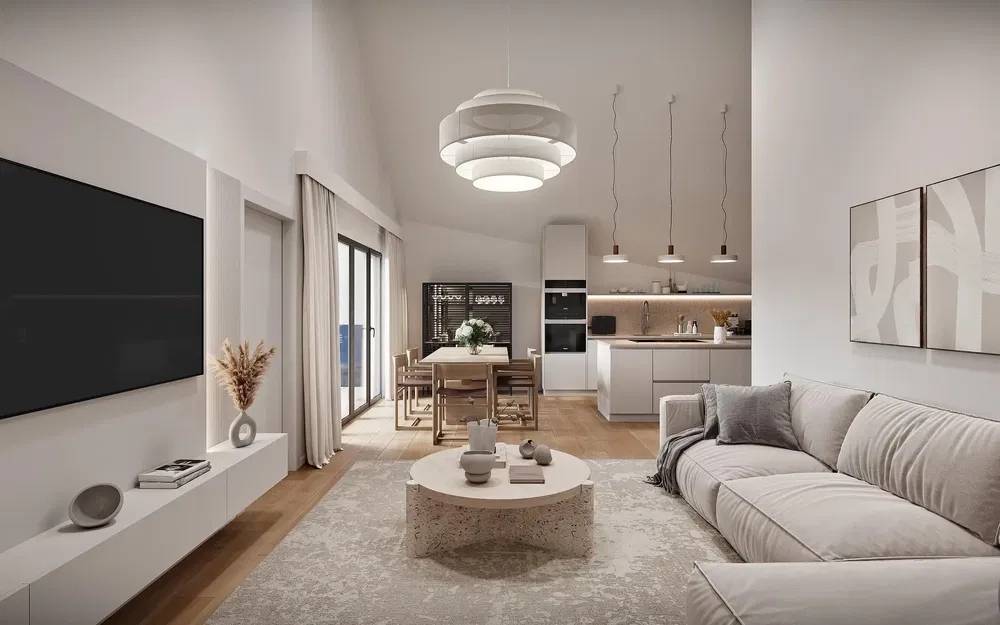 Wohnzimmer; tageslicht, moderner stil, holzboden