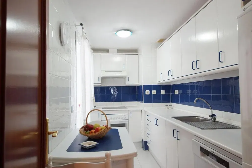 Kuchyně; kuchyňské spotřebiče, dlažba, přirozené světlo, moderní styl