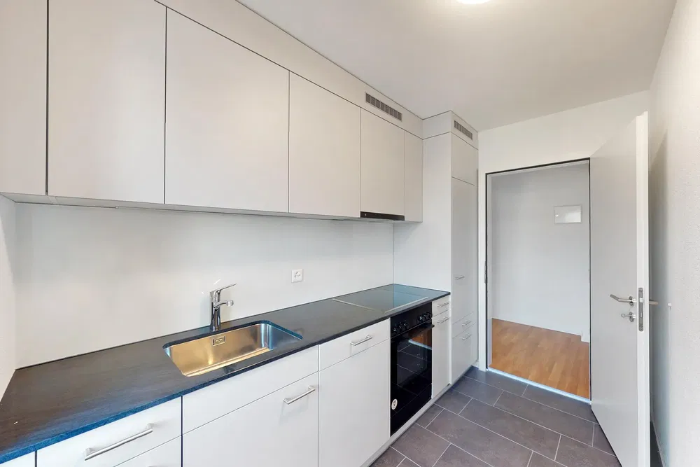 Küche; küchengeräte, fliesenboden, renoviert, tageslicht, moderner stil