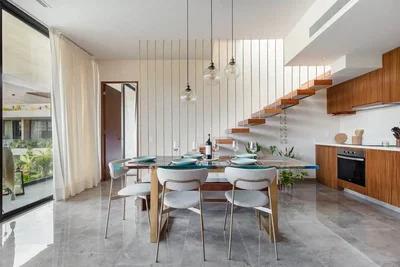 Cuisine; vue, électroménager, lumière naturelle, style moderne, carrelage