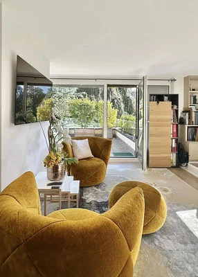 Oturma odası; manzara, doğal ışık, modern stil