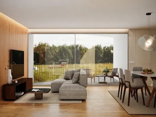 Obývací pokoj; výhled, přirozené světlo, moderní styl, dřevěná podlaha