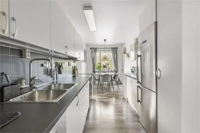 Kuhinja; kuhinjski aparati, drveni pod, prirodno svjetlo, moderni stil