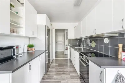 Kuhinja; kuhinjski aparati, prirodno svjetlo, moderni stil, drveni pod, renoviran