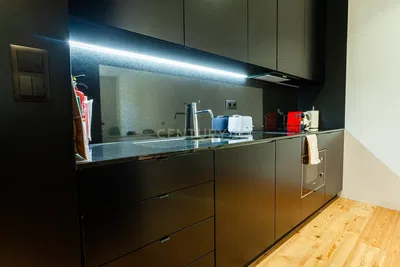 Kuchyně; kuchyňské spotřebiče, moderní styl, dřevěná podlaha, po rekonstrukci, přirozené světlo