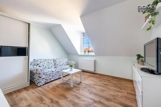 Obývací pokoj; výhled, dřevěná podlaha, přirozené světlo