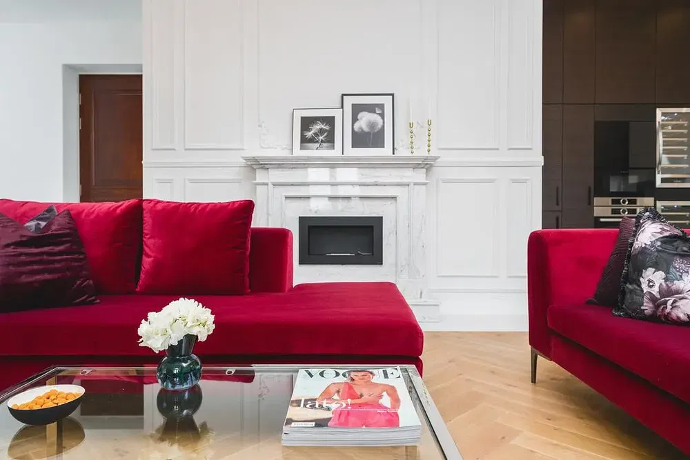 Salon; cheminée, style moderne, parquet, lumière naturelle