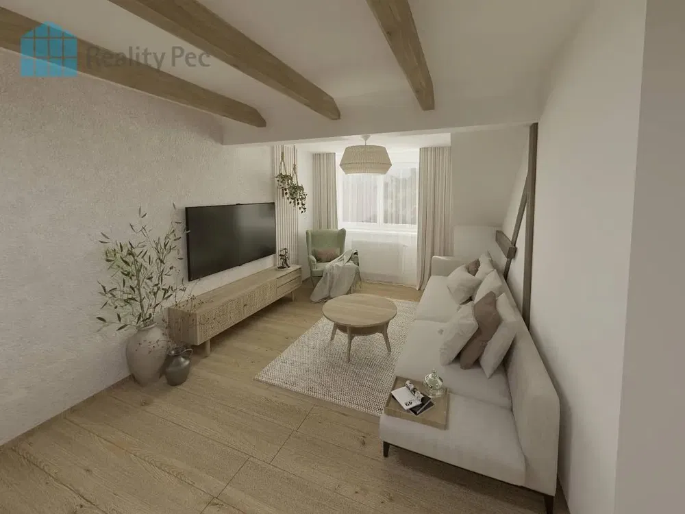 Wohnzimmer; holzbalken, tageslicht, moderner stil
