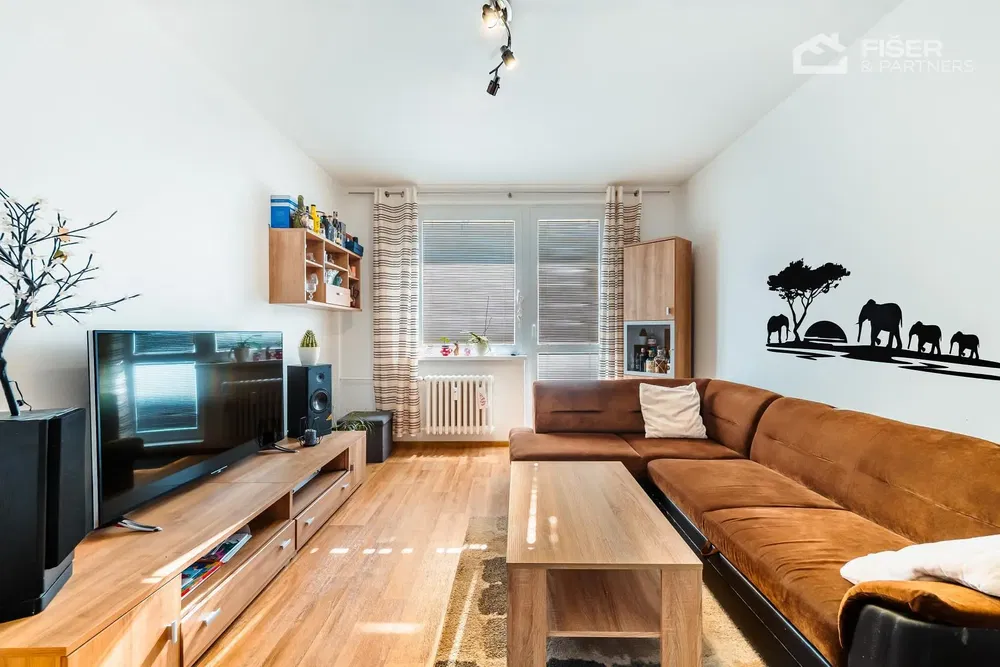 Obývací pokoj; dřevěná podlaha, přirozené světlo, moderní styl