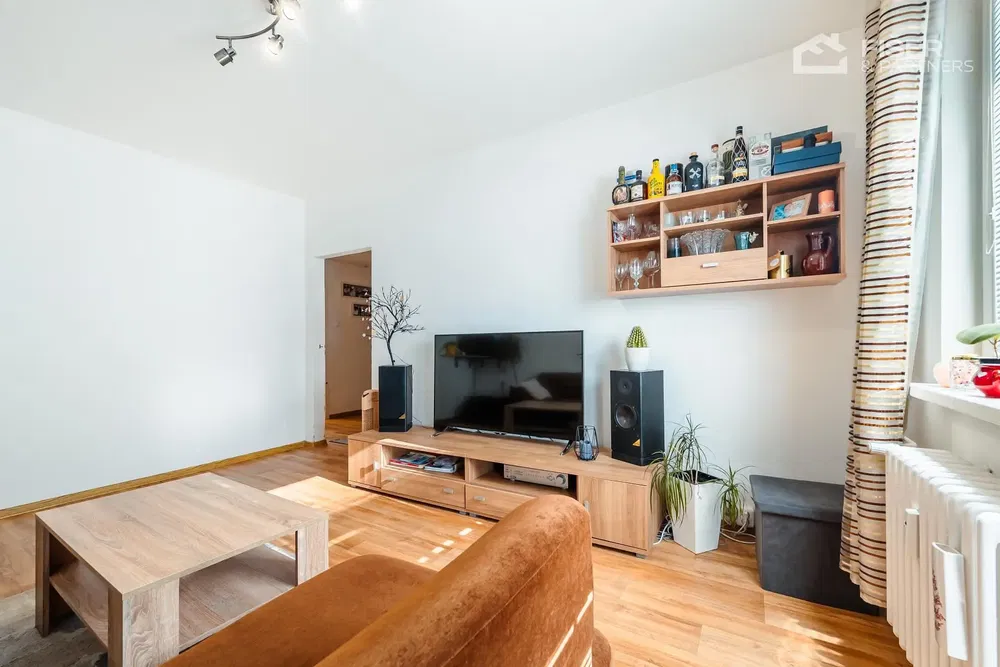 Obývací pokoj; dřevěná podlaha, přirozené světlo, moderní styl