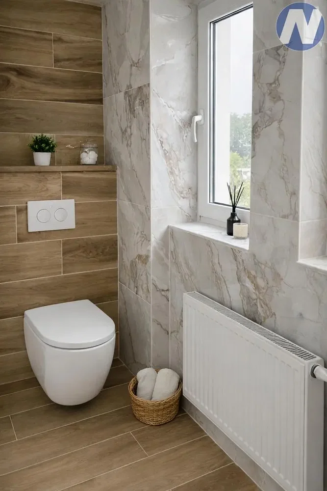 Toilettes; carrelage, lumière naturelle, rénové, style moderne